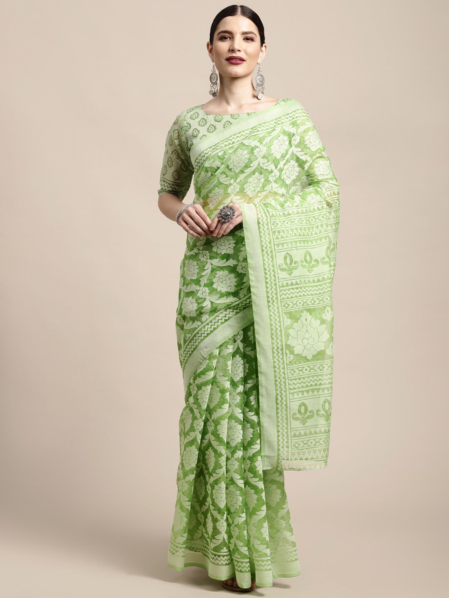 Women's Brasso Green Printed Designer Saree With Blouse Piece