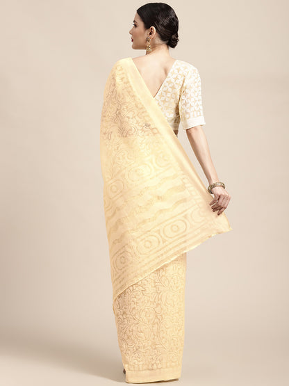 Women's Brasso Off White Printed Designer Saree With Blouse Piece