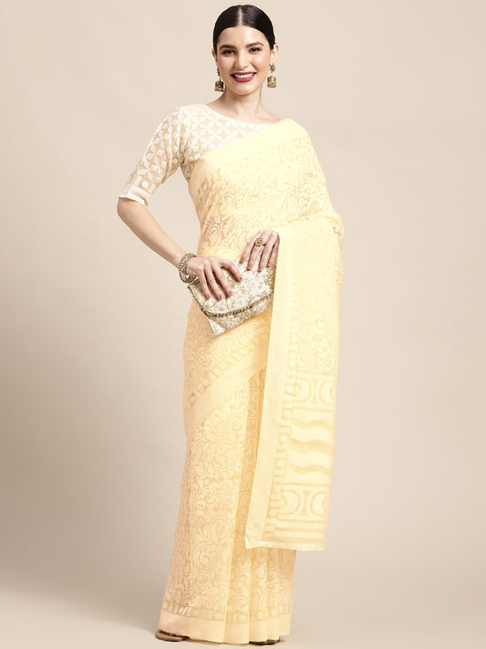 Women's Brasso Off White Printed Designer Saree With Blouse Piece