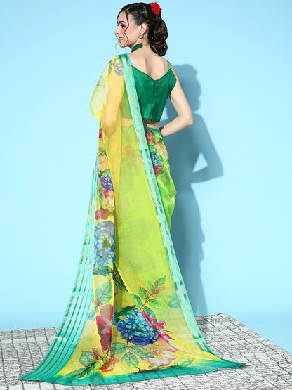 Women's Organza Green Printed Designer Saree With Blouse Piece