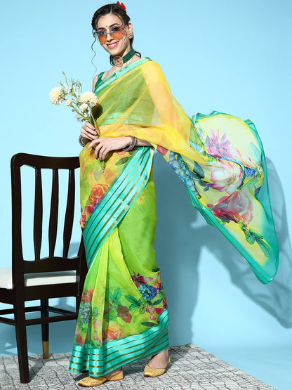 Women's Organza Green Printed Designer Saree With Blouse Piece