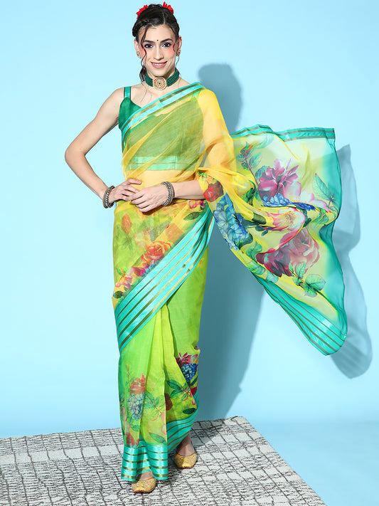 Women's Organza Green Printed Designer Saree With Blouse Piece