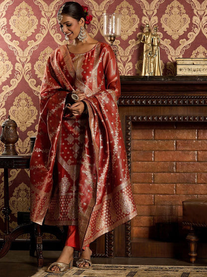 Dhiyona IE Ethnic Motifs Woven Design Zari Straight Kurta With Trousers & Dupatta