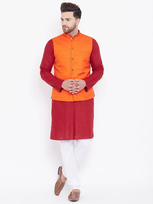 Men's Maroon Cotton Blend Straight Jacket  Kurta and Pyjama Set