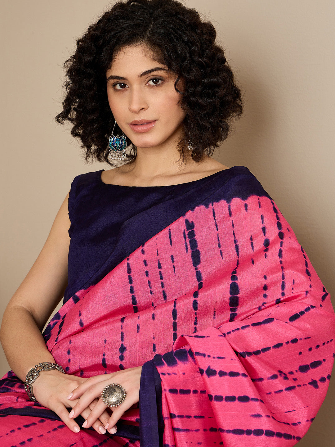 Women's Bhagalpuri Silk Navy Blue Printed Ready to Wear With Blouse Piece