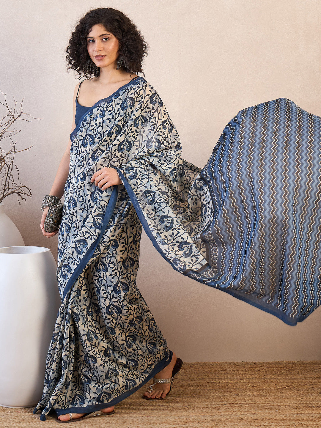 Women's Bhagalpuri Silk Off White Printed Designer Saree With Blouse Piece