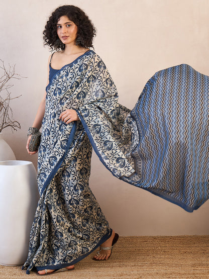 Women's Bhagalpuri Silk Off White Printed Designer Saree With Blouse Piece