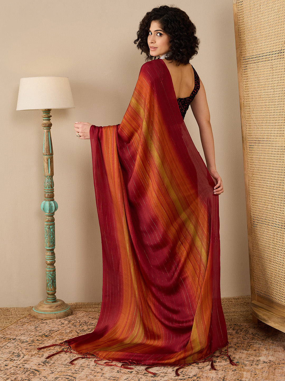 Women's Poly Georgette Maroon Solid Ready to Wear With Blouse Piece