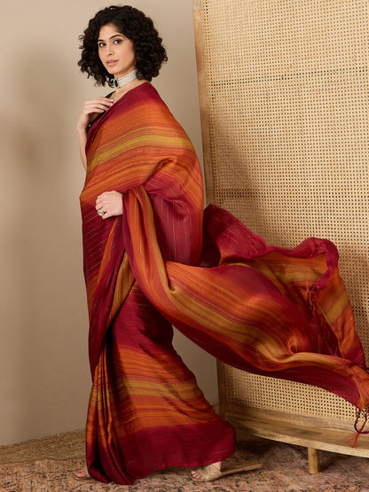 Women's Poly Georgette Maroon Solid Ready to Wear With Blouse Piece