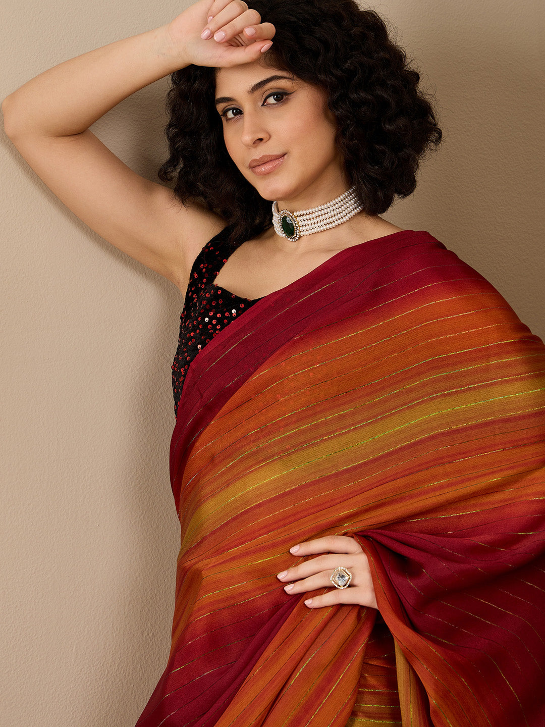 Women's Poly Georgette Maroon Solid Ready to Wear With Blouse Piece