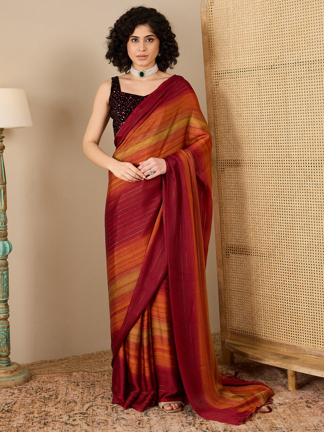 Women's Poly Georgette Maroon Solid Ready to Wear With Blouse Piece