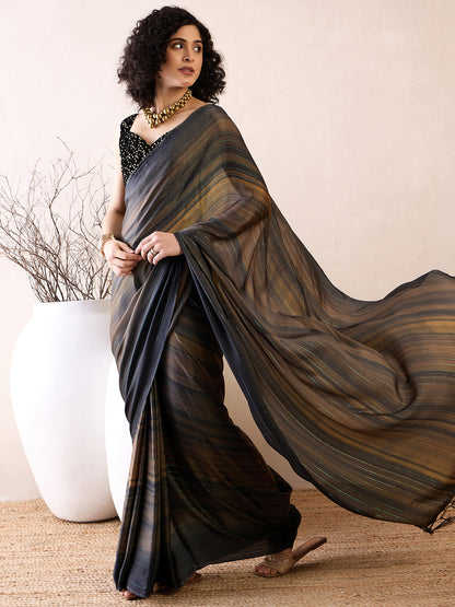 Women's Poly Georgette Black Solid Ready to Wear With Blouse Piece
