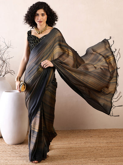 Women's Poly Georgette Black Solid Ready to Wear With Blouse Piece