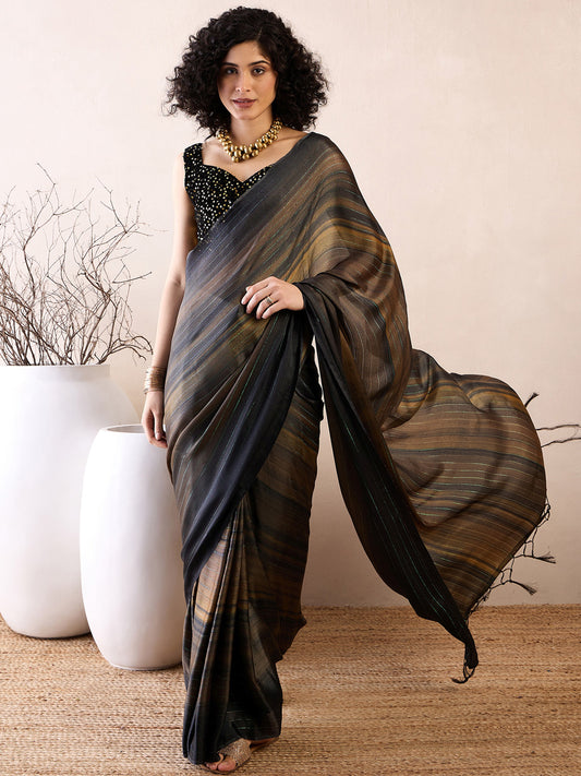 Women's Poly Georgette Black Solid Ready to Wear With Blouse Piece