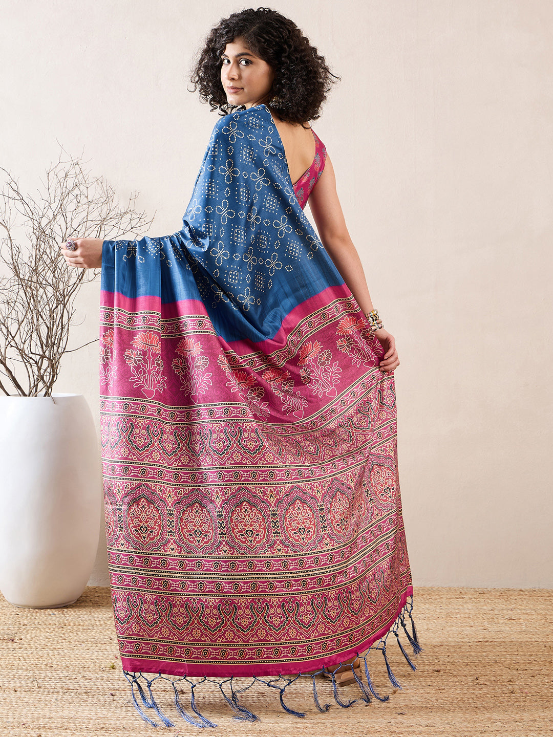 Women's Silk Blend Blue Digital Print Ready to Wear With Blouse Piece