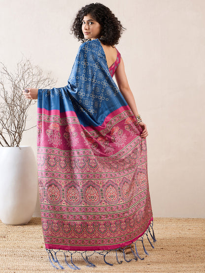 Women's Silk Blend Blue Digital Print Ready to Wear With Blouse Piece