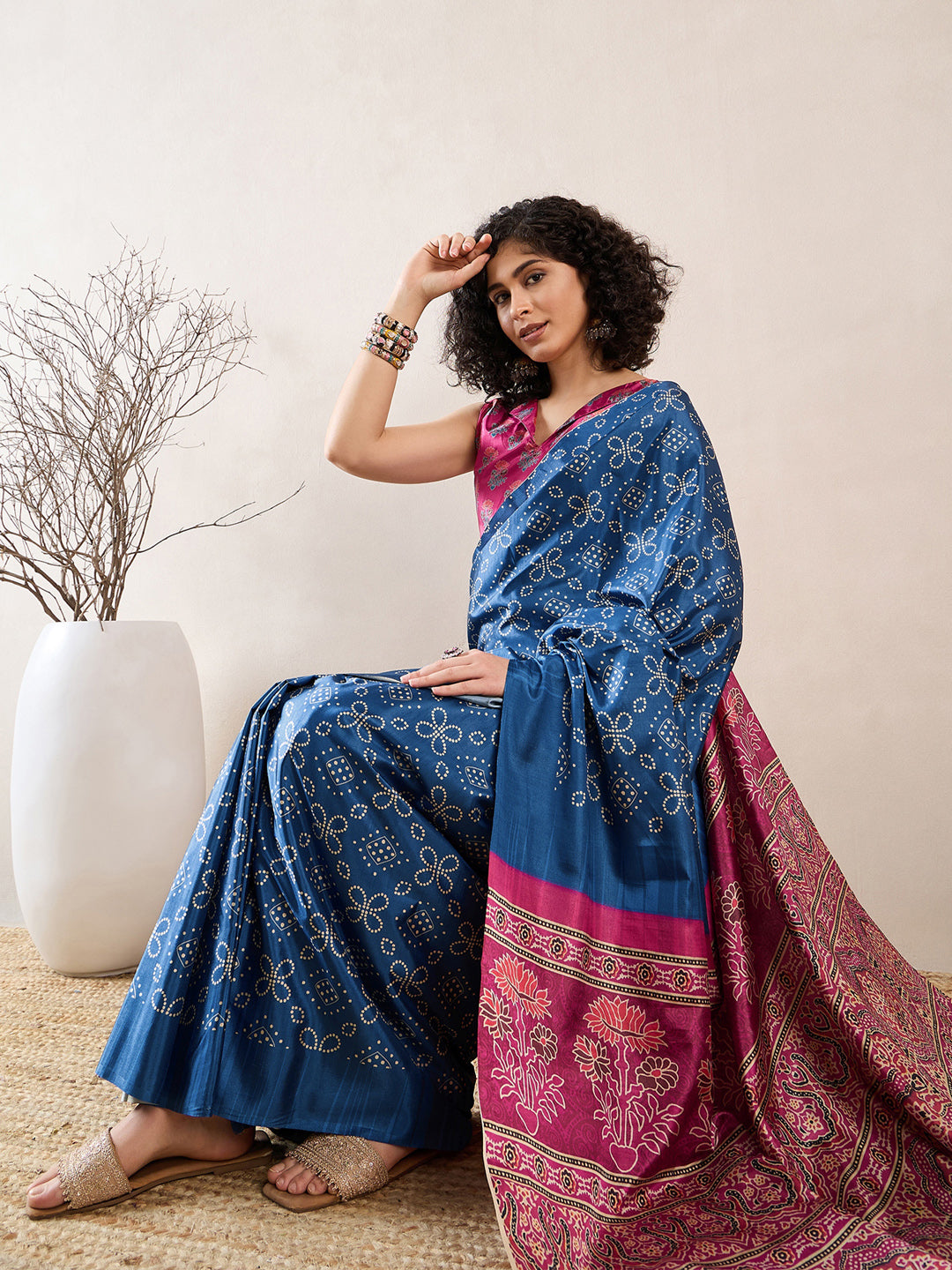 Women's Silk Blend Blue Digital Print Ready to Wear With Blouse Piece