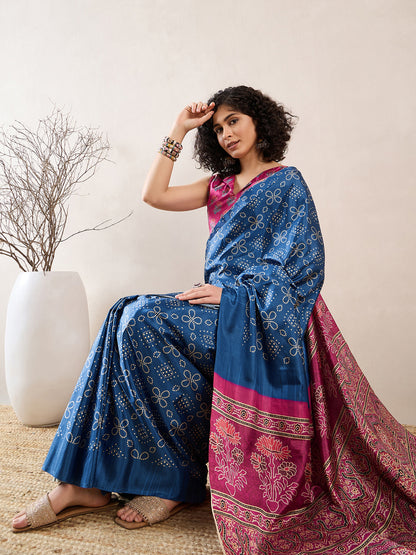 Women's Silk Blend Blue Digital Print Ready to Wear With Blouse Piece