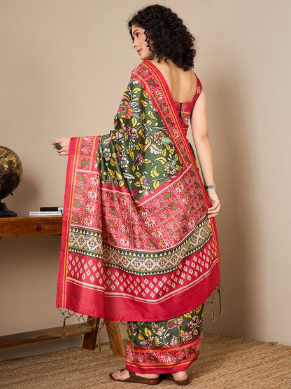 Women's Bhagalpuri Silk Red Printed Ready to Wear With Blouse Piece
