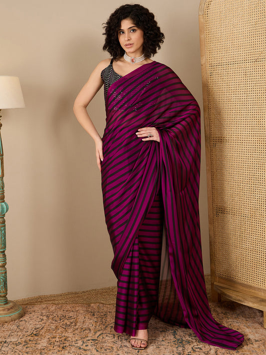 Women's Georgette Black Solid Ready to Wear With Blouse Piece