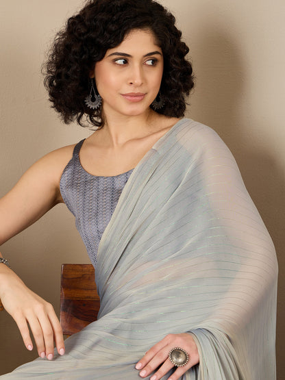 Women's Poly Georgette Grey Solid Ready to Wear With Blouse Piece