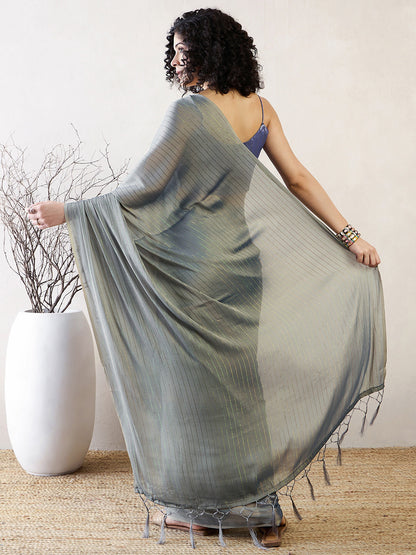 Women's Poly Georgette Blue Solid Ready to Wear With Blouse Piece