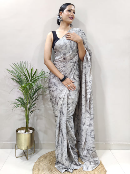 Women's Chiffon Grey Printed Ready to Wear With Blouse Piece
