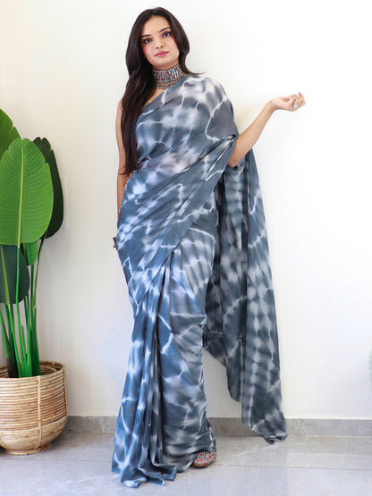 Women's Georgette Grey Printed Ready to Wear With Blouse Piece