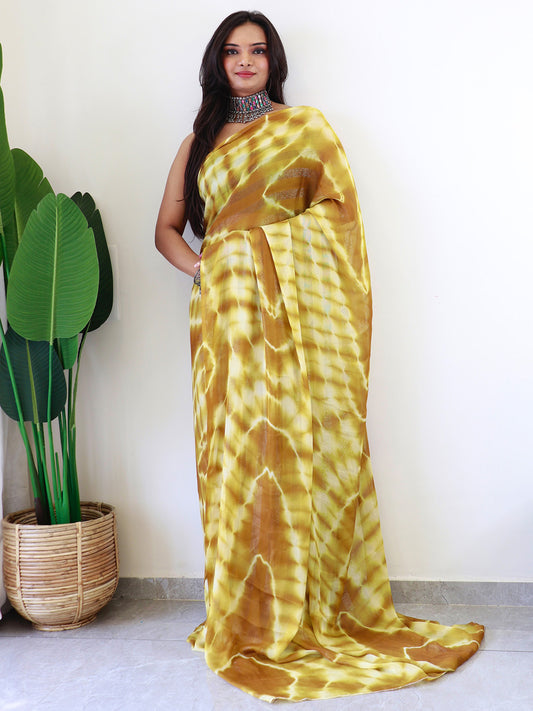 Women's Georgette Mustard Printed Ready to Wear With Blouse Piece