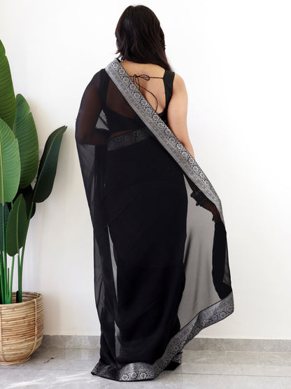 Women's Georgette Black Embellished Ready to Wear With Blouse Piece