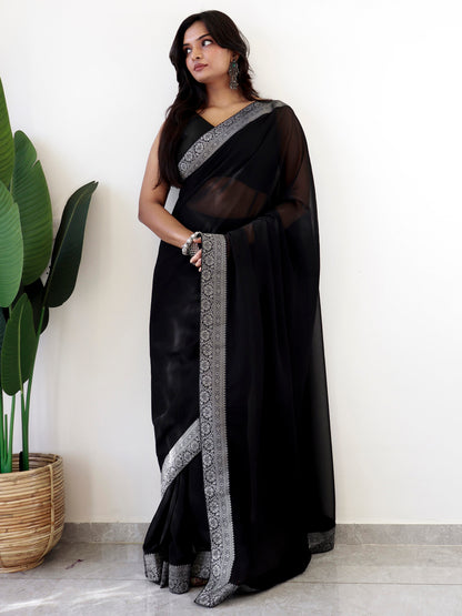 Women's Georgette Black Embellished Ready to Wear With Blouse Piece