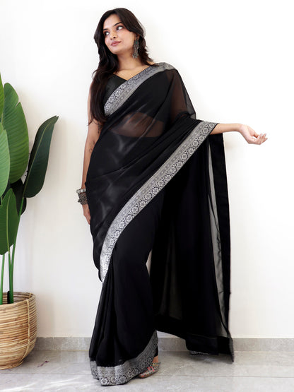 Women's Georgette Black Embellished Ready to Wear With Blouse Piece