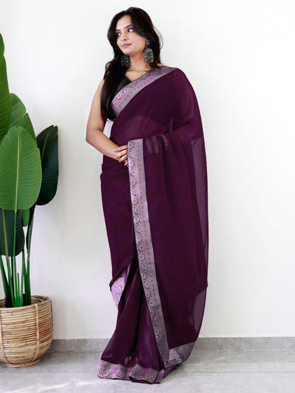 Women's Georgette Black Embellished Ready to Wear With Blouse Piece