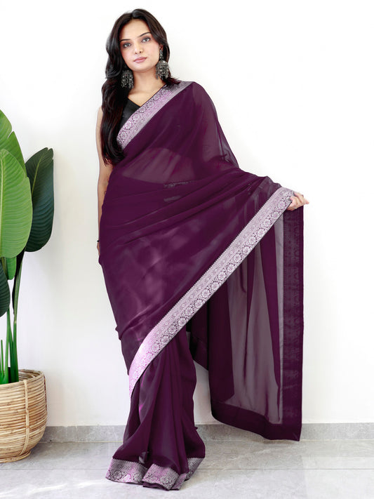 Women's Georgette Black Embellished Ready to Wear With Blouse Piece