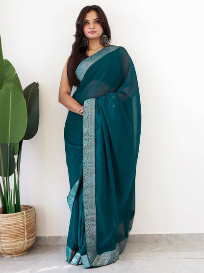 Women's Georgette Black Embellished Ready to Wear With Blouse Piece