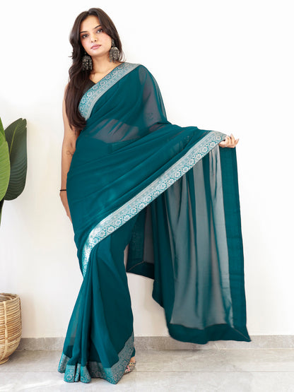 Women's Georgette Black Embellished Ready to Wear With Blouse Piece