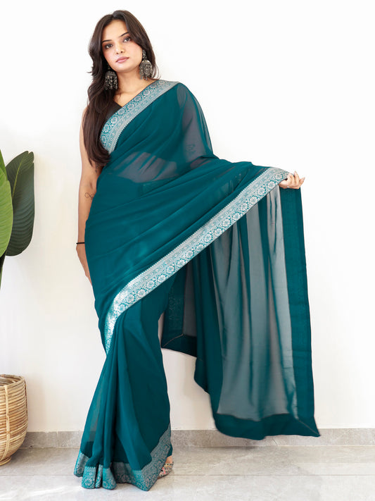 Women's Georgette Black Embellished Ready to Wear With Blouse Piece