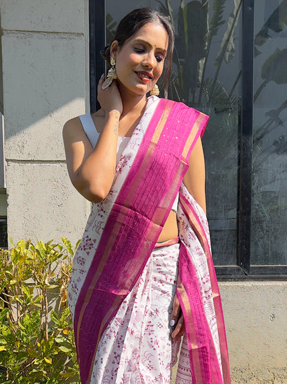 Women's Dola Silk White Printed Ready to Wear With Blouse Piece