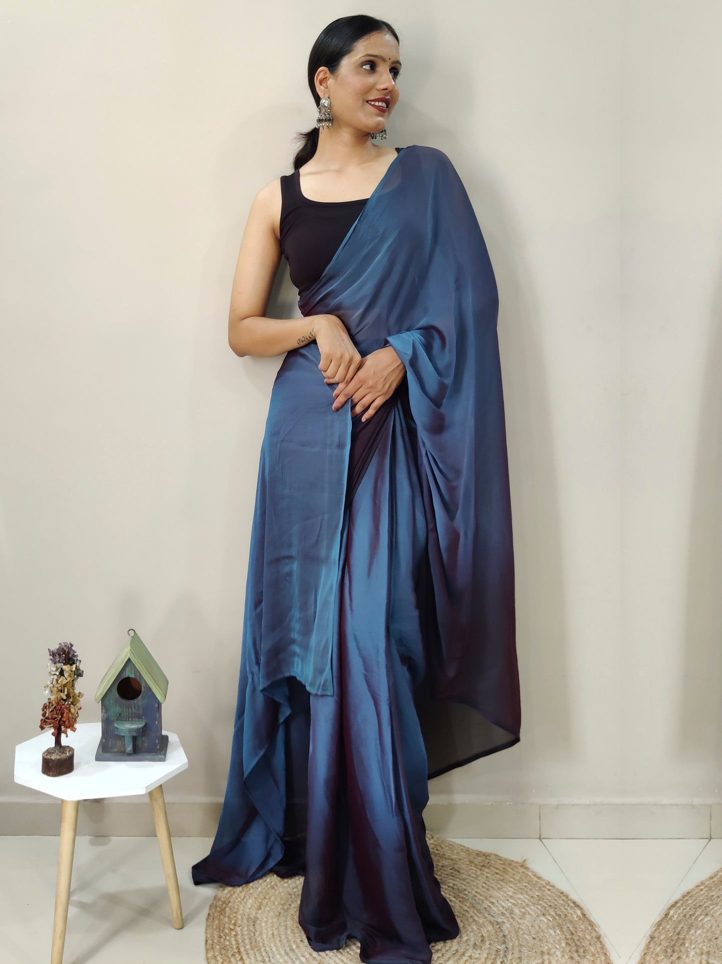 Women's Nylon Teal blue Printed Ready to Wear With Blouse Piece