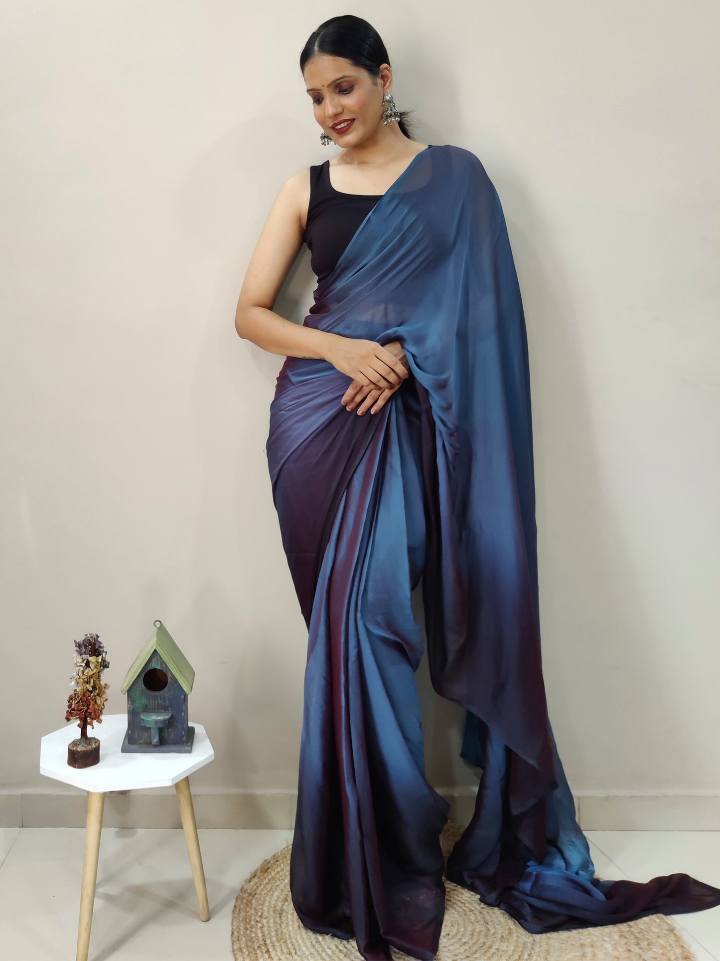 Women's Nylon Teal blue Printed Ready to Wear With Blouse Piece