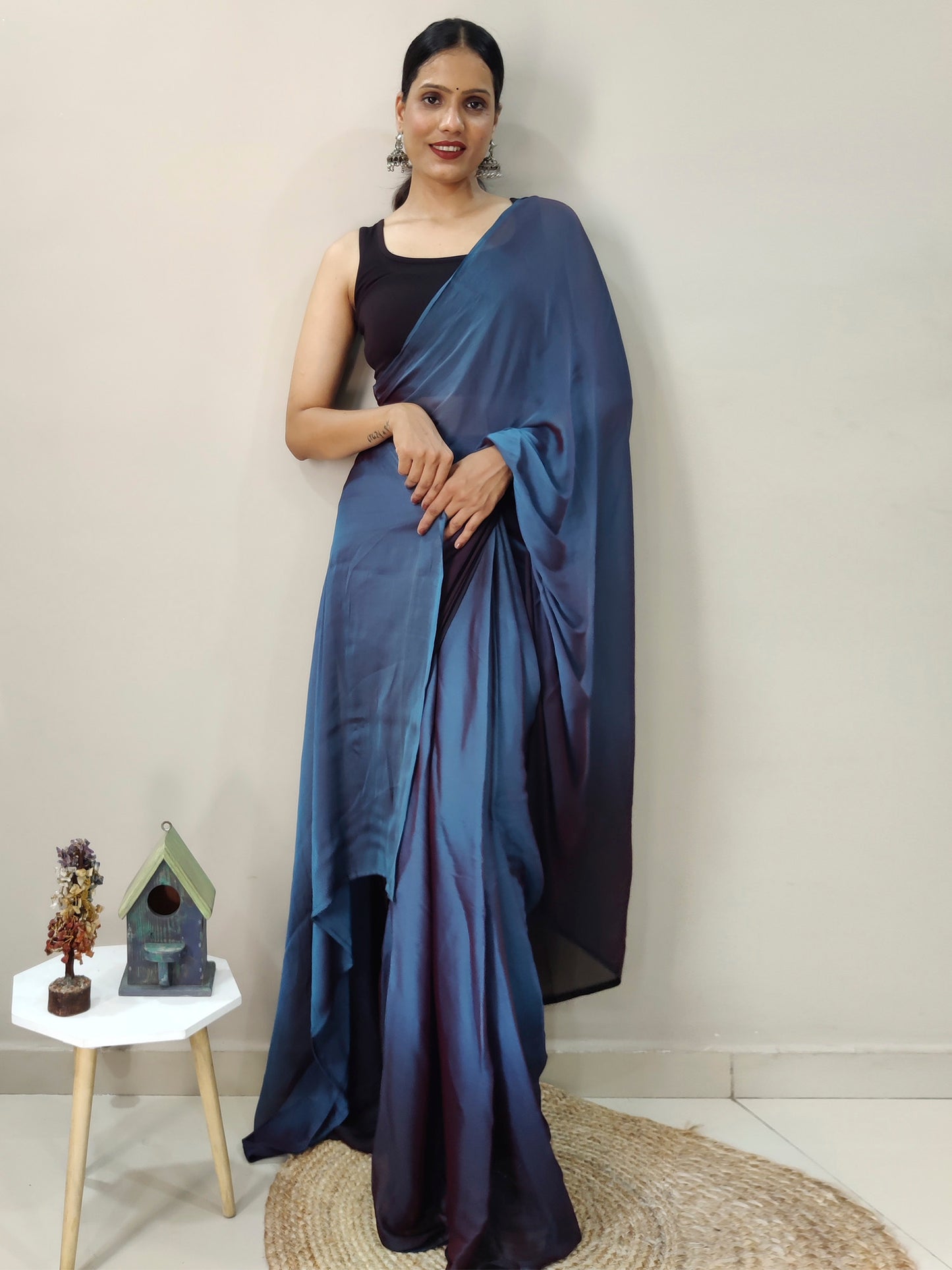 Women's Nylon Teal blue Printed Ready to Wear With Blouse Piece