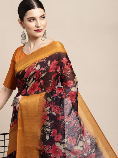 Women's Linen Black Printed Ready to Wear With Blouse Piece