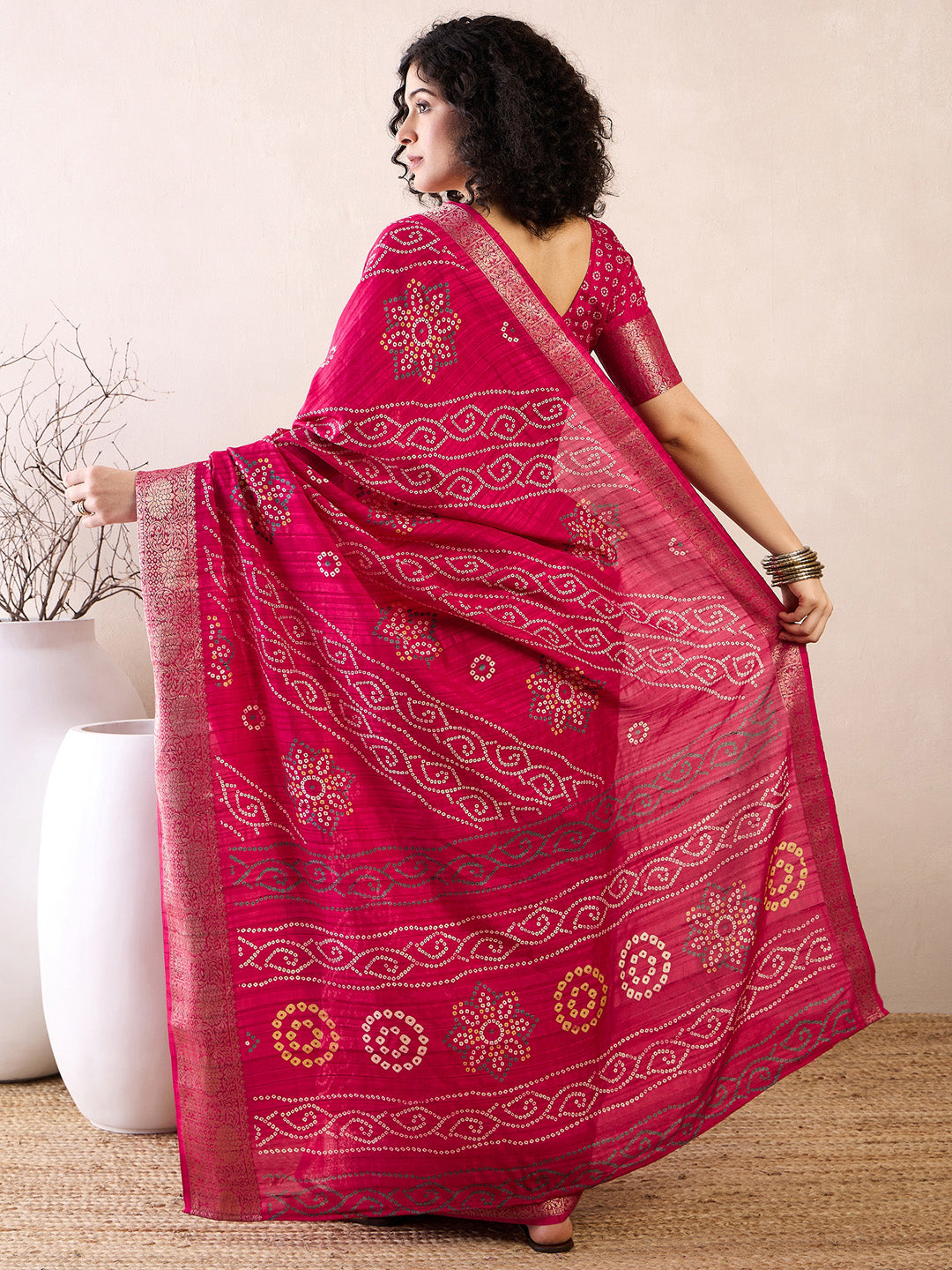 Women's Muga Silk Pink Printed Ready to Wear With Blouse Piece