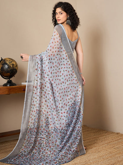 Women's Linen Grey Printed Ready to Wear With Blouse Piece