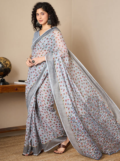 Women's Linen Grey Printed Ready to Wear With Blouse Piece