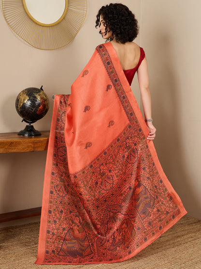 Women's Tussar Silk Red Printed Ready to Wear With Blouse Piece