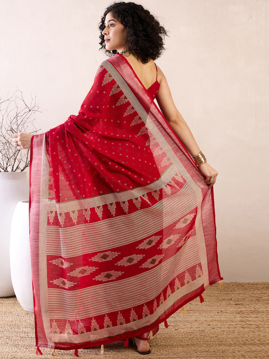 Women's Cotton Linen Red Printed Ready to Wear With Blouse Piece