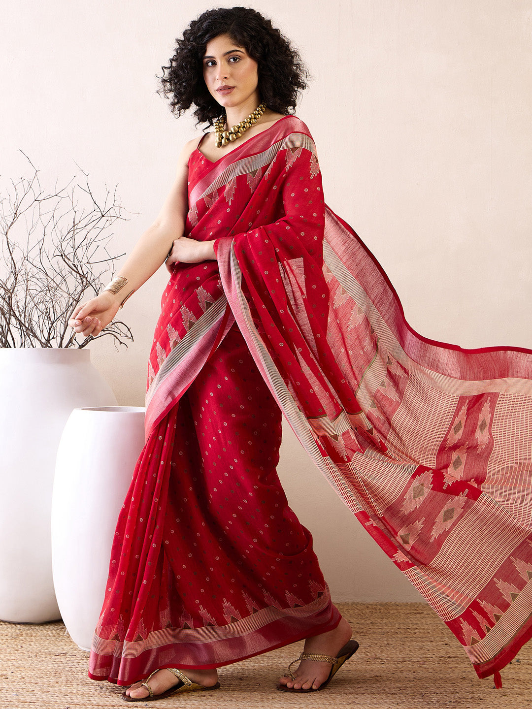 Women's Cotton Linen Red Printed Ready to Wear With Blouse Piece
