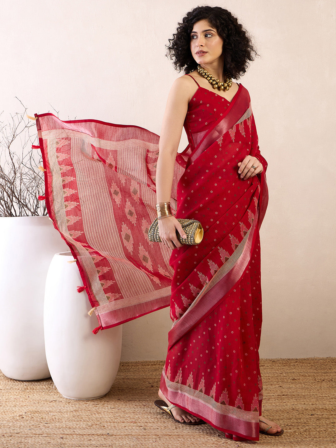 Women's Cotton Linen Red Printed Ready to Wear With Blouse Piece