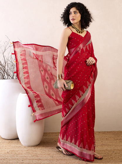 Women's Cotton Linen Red Printed Ready to Wear With Blouse Piece